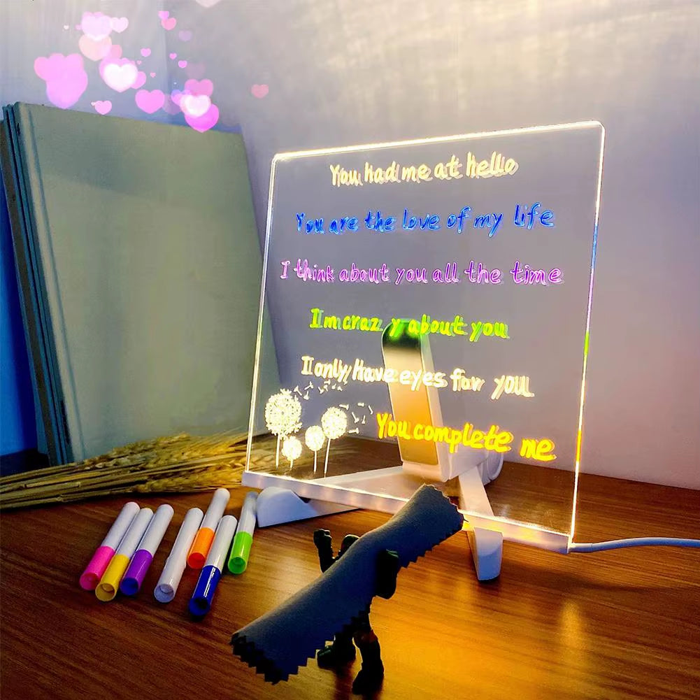 Illuminate Your Creativity: Rewritable Acrylic Message Board with 7 Colorful Pens for Kids!