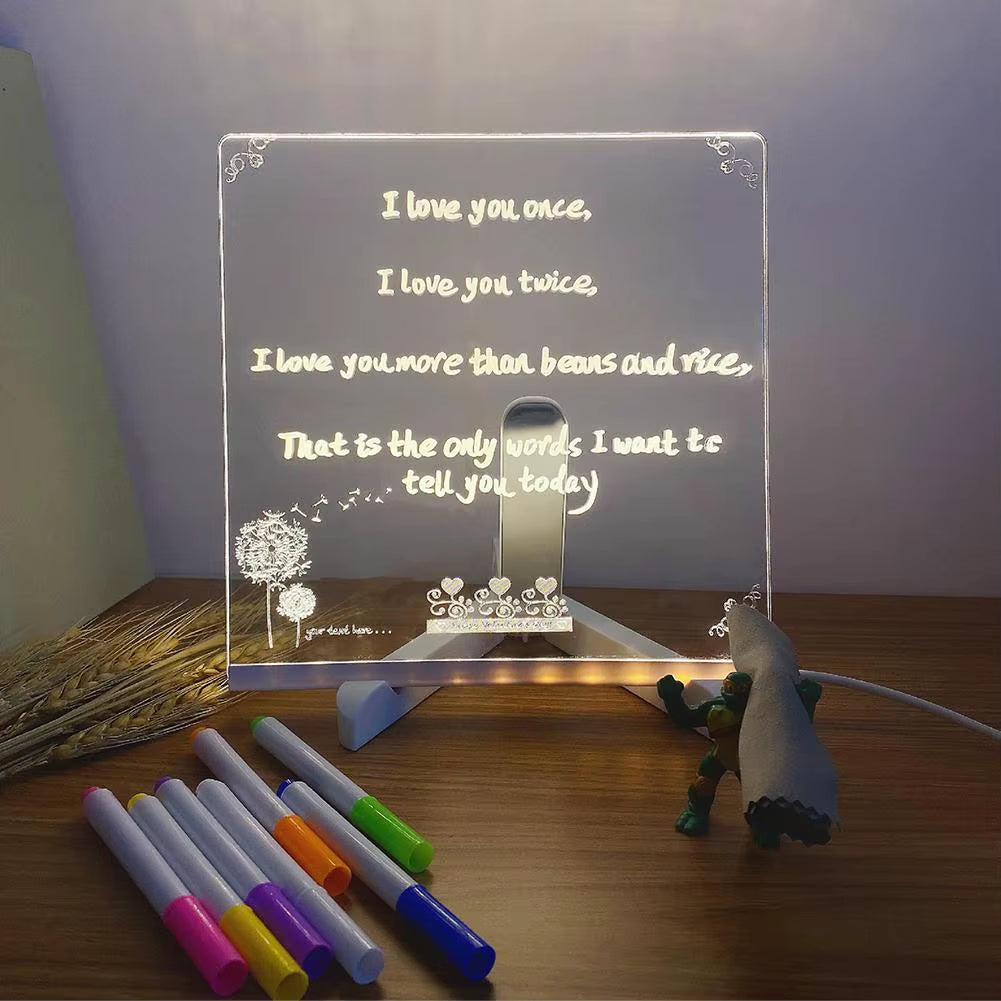Illuminate Your Creativity: Rewritable Acrylic Message Board with 7 Colorful Pens for Kids!